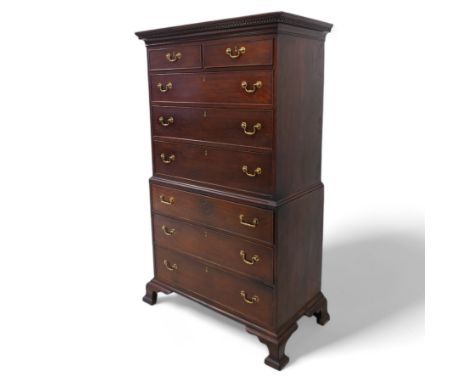 George III mahogany chest-on-chest, projecting moulded cornice with Greek key band, fitted with two short over six long gradu