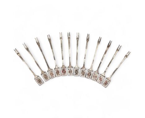 Set of twelve mid 20th century silver pickle forks, the terminals with enamelled playing card decoration, hallmarked Garrard 