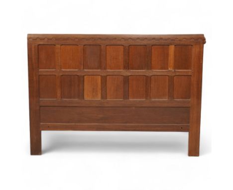 Mouseman - oak 4' 6" double headboard, penny moulded cresting rail over panelling, carved with mouse signature, by the worksh