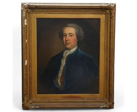 English School (Late 18th century): Portrait of a Georgian Gentleman Wearing Golden Sun Medallion, Blue Jacket and Powdered W