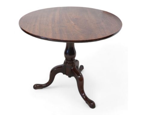 Large George III mahogany tripod table, circular single-piece tilt-top on turned baluster pedestal, three out splayed support