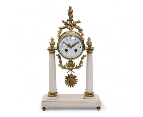 French - White marble and gilt 8-day mantel clock c1900,  with a rectangular plinth raised on four feet, gilt drum movement s