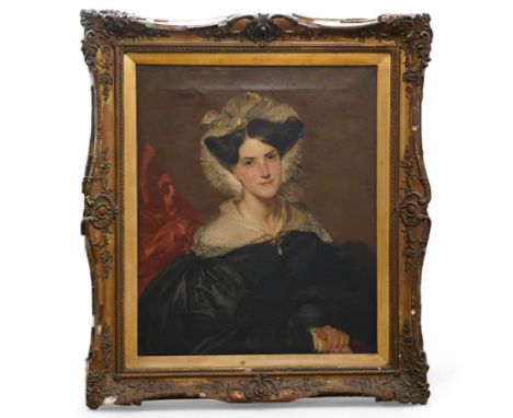 Wyatt Pratt (British Early 19th century): 'Portrait of Marie Benson née Scott' Wearing a Black Gown with Lace Bonnet and Coll