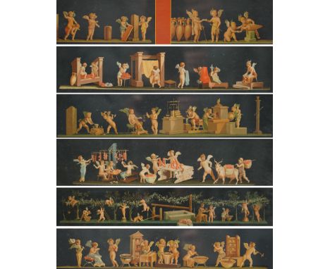 Geramia Discanno (Italian 1839-1907): Pompeii Frescos of Putti and Amorini, set seven 19th century lithographs with hand-colo