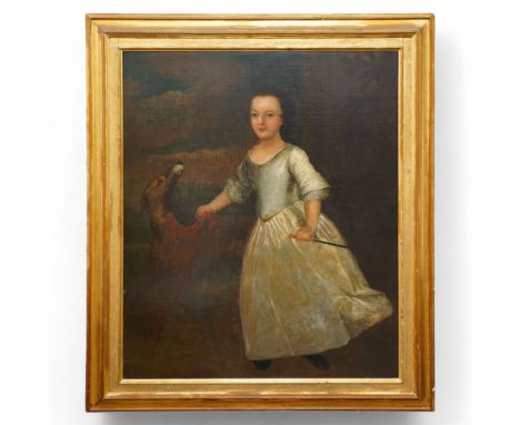 English Primitive School (Early to Mid-18th century): Full Length Portrait of a Girl Wearing a Blue Silk Gown with her Greyho