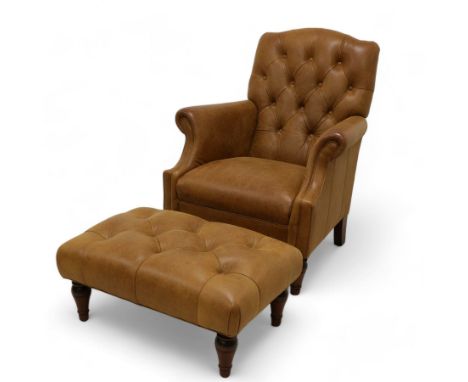 Laura Ashley Lancaster Georgian design armchair, upholstered in buttoned Colorado tanleather, with matching footstoolDimensio