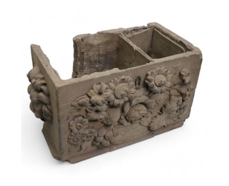 19th century rectangular coade stone casket , the front panel with a spray of flowers, the sides with lion masks 30cm x 15cm 