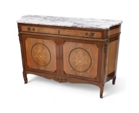 Mid-to-late 20th century mahogany and walnut side cabinet, shaped white and grey variegated marble top, single frieze drawer 