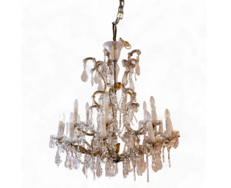 Large mid-to-late 20th century two-tier glass chandelier, shaped body dish over glass column, serpentine metal frame supporti