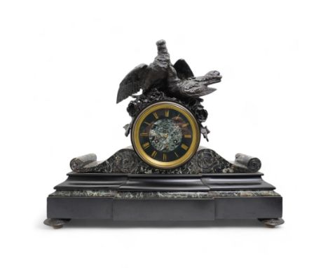 French-late 19th century 8-day mantle clock in a Belgium slate and variegated marble case, drum movement case surmounted by t