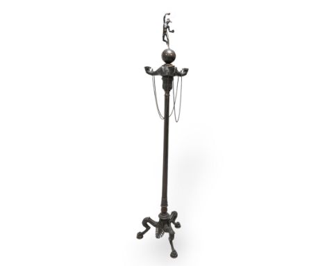 I19th century Neoclassical Italian bronze standard lamp, the globe finial surmounted with a bronze statue of Mercury after Gi