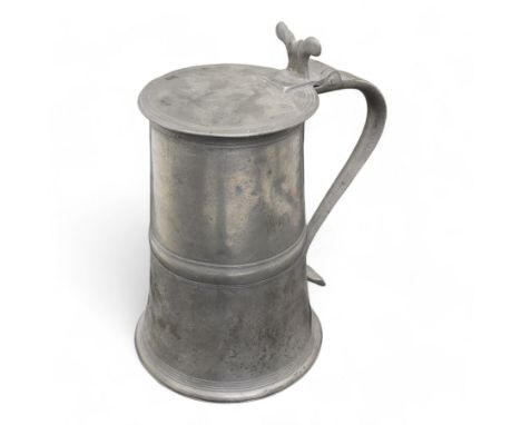 Large 18th century Scottish pewter lidded tankard, the flat cover engraved 'W. Kilbrid', with bifurcated thumbpiece over a ta