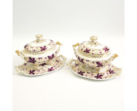 Pair of early 19th century porcelain sauce tureens and covers on stands, possibly Coalport, painted with bands of purple and 