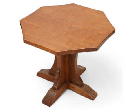 Mouseman - oak coffee table, octagonal adzed top on cruciform base and sledge feet, carved with mouse signature, by the works