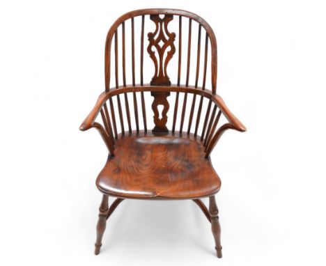 Ash and elm Windsor armchair, double hoop and stick back with shaped and pierced splat, dished saddle seat on turned supports