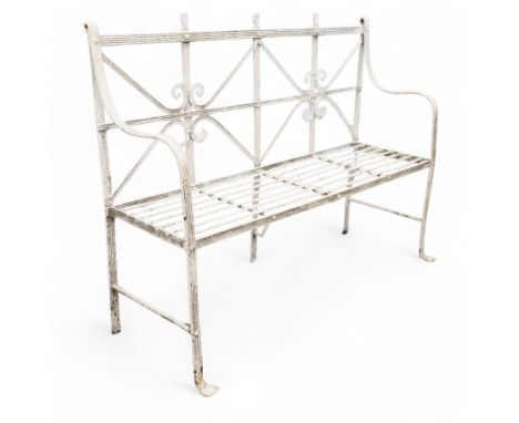 Regency wrought metal strapwork garden bench, moulded strap frame with scrolled back rails and slat seat, shaped end rails te