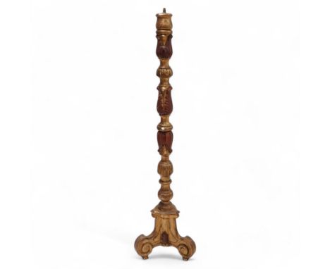 Italian design giltwood standard lamp stand, turned and foliage carved stem, on triangular base with scroll carved supports D