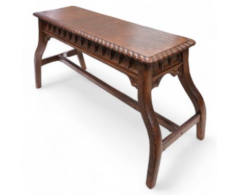 Arts & Crafts period oak bench, rectangular seat with gadroon carved edge, Gothic arcade decorated seat rail and return rails