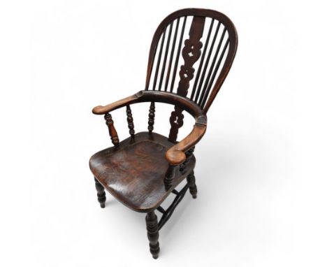 Victorian elm and beech Yorkshire Windsor armchair, double hoop and stick back with shaped and pierced splat, dished seat on 