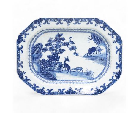 18th century, Qianlong period, Chinese Export blue and white octagonal serving platter, decorated with a figure with a buffal