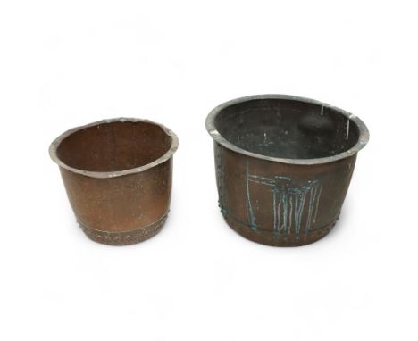 19th century riveted copper cooking pot (D60cm, H42cm); together with a smaller example (D46cm, H34cm)