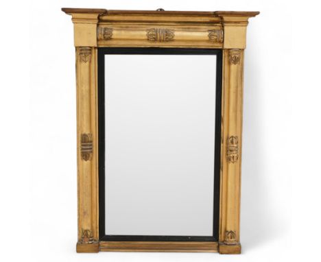 Regency gilt and gesso framed pier glass mirror, inverted break-front pediment over acanthus moulded half pilasters of Neocla