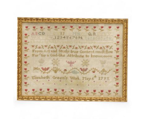 George III needlework sampler, worked with the alphabet, numbers and verse 'From Art and Study true Content muft flow, For 't