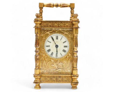 French - Edwardian 8-day timepiece carriage clock in a brass case with glazed side and rear door panels, brass foliate embell