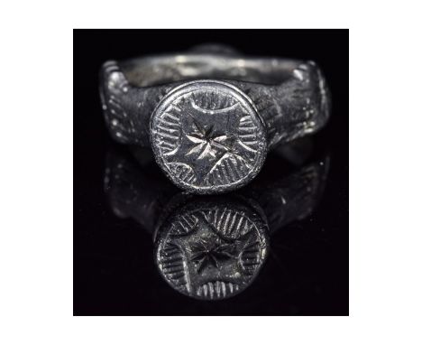 Ca.1200 AD. Rare Crusaders Holy Land Ring depicting two stars along the hoop and a penthagram on the bezel, symbolizing Prote