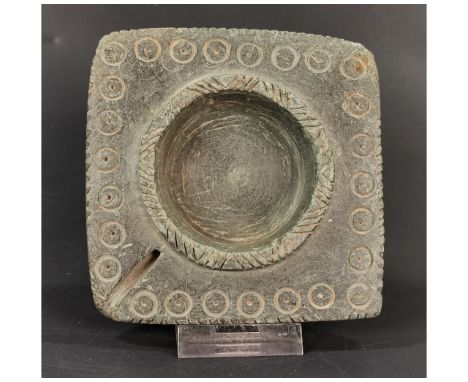 Ca. 2500 - 2250 BC Bactrian carved Oil Lamp from grey-green chlorite schist, this is an ornately incised vessel of a square s