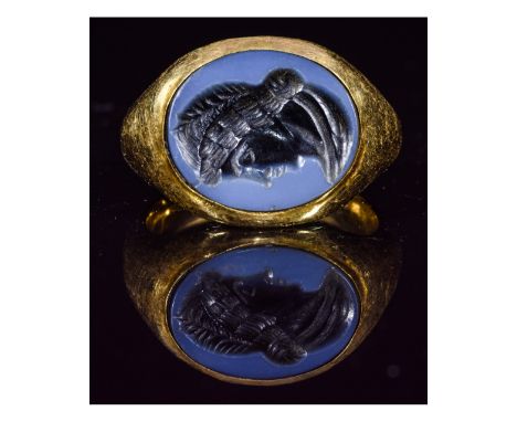 Ca.100 AD. A fantastic Roman Gold Ring inserted with a Nicolo gemstone carved with an Imperial portrait; The style is Early a