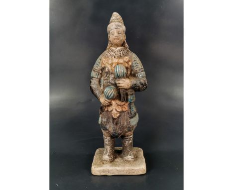 Ca. 1368-1644 AD. Amazing Chinese Male Warrior Figurine, with cobalt blue armour holding maces.Good condition, intact, origin