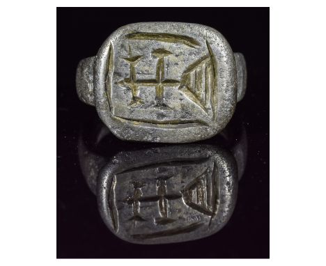 Ca.1100-1400 AD Crusaders silver ring with a double cross on elavated hill on bezel; symbolizing the Golgotha hill and the cr