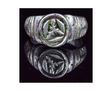 Ca.1200 AD. Very Rare wearable Crusaders Silver Ring, compromising a circular shaped bezel with "eye of providence" motif. Th