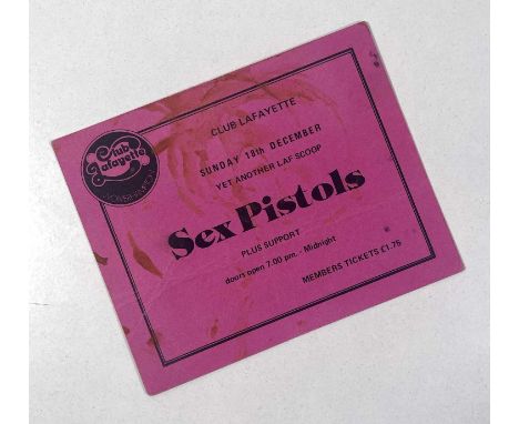 An original and rare card ticket for The Sex Pistols at Club Lafayette, Wolverhampton in December 1977. Date on ticket is 18t