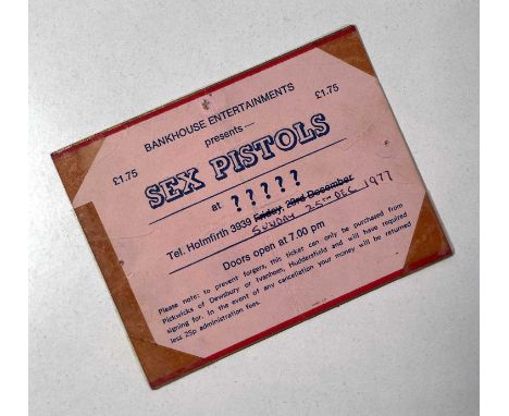 An original and rare ticket stub for The Sex Pistols at Ivanhoes, Huddersfield, Christmas Day 1977. The Pistols performed at 
