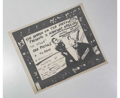 An original and rarely-seen handbill advertising The Sex Pistols, Buzzcocks and The Clash at 'Screen on the Green', Islington
