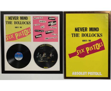 A 2002 Absolut Vodka Sex Pistols NMTB poster (approx 20 x 30", framed), a framed display with a stock copy (inc sleeve) of NM