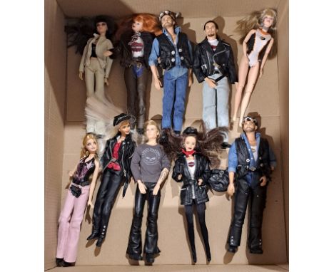 Mattel Barbie unboxed collection of Harley Davidson dolls; unchecked for completeness; faux leather degrading on many; unchec