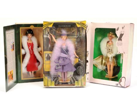 Mattel Boxed Barbies trio including: (1) 1920's Flapper, # 4063; (2) Dance till Dawn, # 19631; (3) Holiday Voyage, # 18651; a