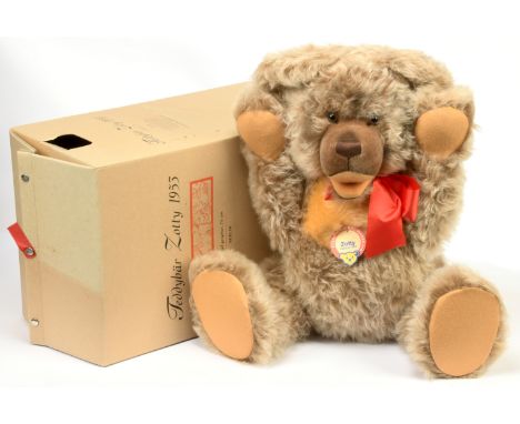 Steiff Zotty replica 1953, white tag 408700, mohair, chest tag, certificate, within Fair Plus box (faded and mould stains), w