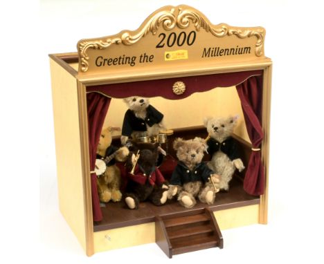 Steiff Millennium Band 2000, white tag 038808, LE 2000, certificate, comprising five mohair Teddy Bears and a stage made of w