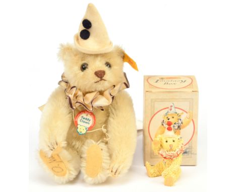 Miniature Teddy Clown replica, yellow tag 029387, chest tag/swing tag, cream mohair, cream felt hat with dark purple buttons 