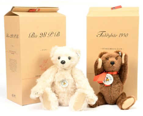 Steiff pair including: (1) Teddy Bear 1950 dark brown club edition 2001/2002, white tag 420245, LE 5287, mohair, MISSING cert