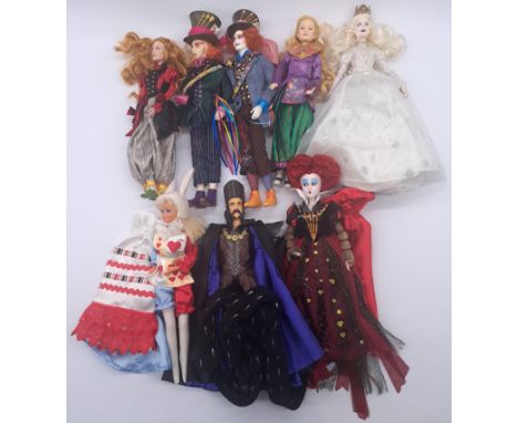 Mattel Barbie collection of unboxed Alice in Wonderland/Alice Through the Looking Glass dolls, including 1x doll in handmade 