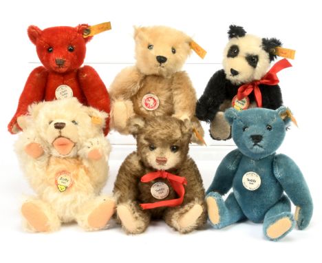 Steiff Historic Miniatures x six including: (1) Zotty, yellow tag 029967; (2) Teddy 1926, yellow tag 029271; (3) Teddy Panda,