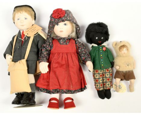 Artist made cloth and bisque dolls x four, including: Brightmore Bears and Dolls, by Brenda Brightmore, with cotton stockinet