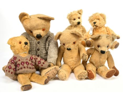 British mohair teddy bears x six, including Chad Valley and others, Fair Plus to Good, largest 20"/51cm.