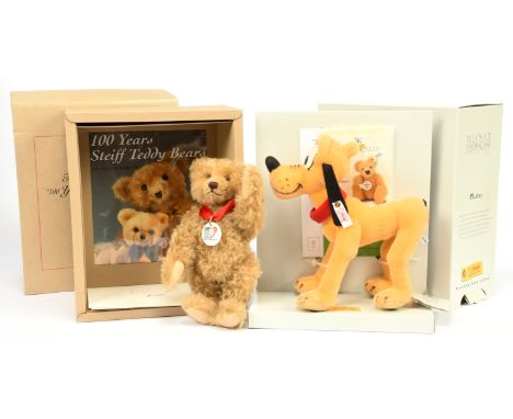 Steiff pair including: (1) Disney Showcase Pluto, white tag 651809, LE 5000, mohair, swing label certificate (mould stains), 