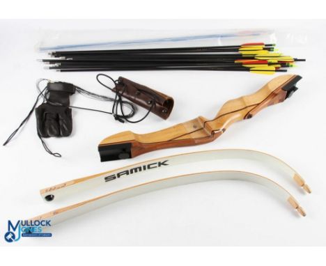 Samick Polaris Archery Recurve Bow 68" 24lb with a selection of Armex arrows, leather glove, needs a new bow string, arrow re